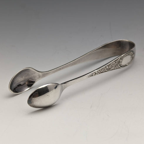 6 English antique silver plated teaspoon & tongs set in case